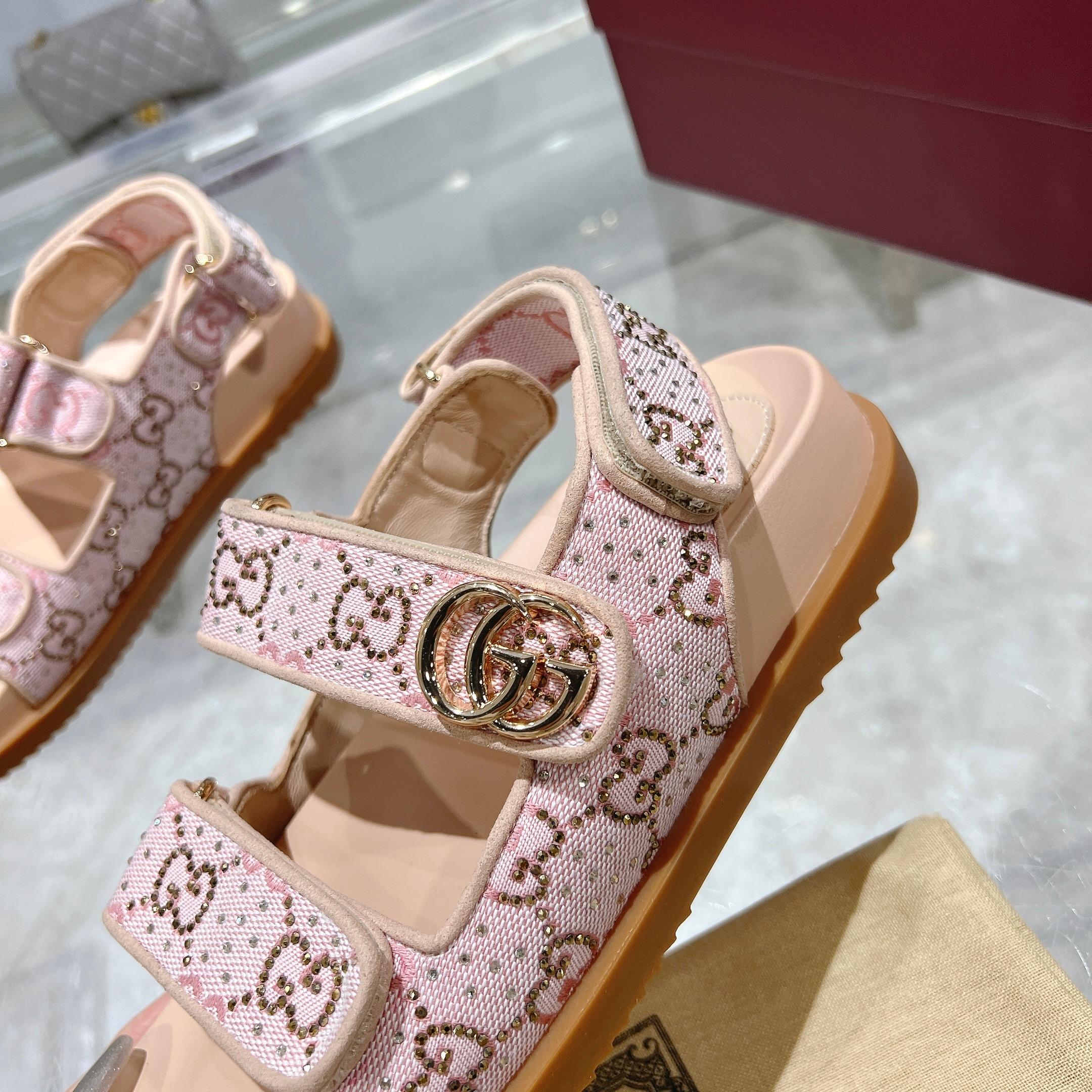 Gucci Pink Crystal Canvas Sandals with Double G Accent, Hook-and-Loop Closure 7 a1737312855604 3770