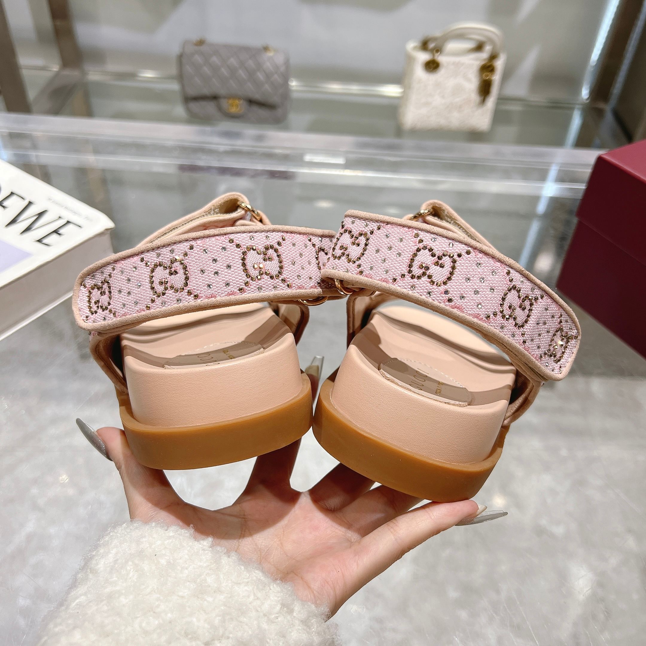 Gucci Pink Crystal Canvas Sandals with Double G Accent, Hook-and-Loop Closure 8 a1737312859381 7383