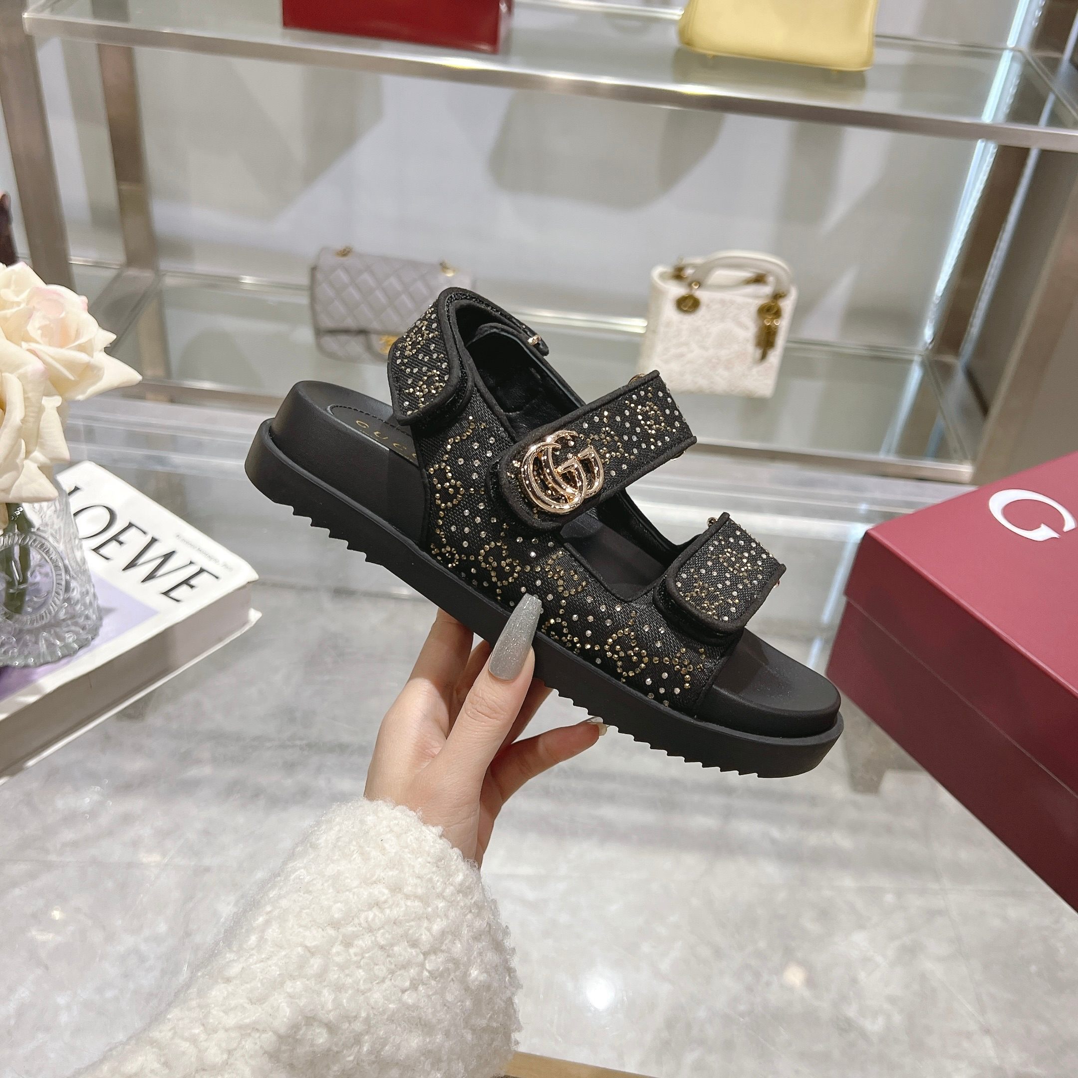 Gucci Women's Sandals with Double G Buckle - Black Crystal Canvas 4 a1737312963239 7704