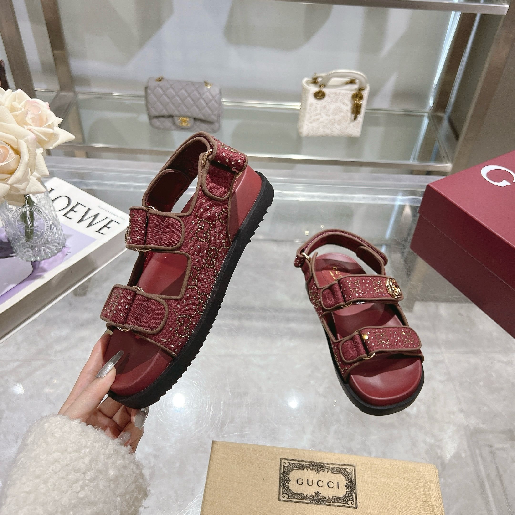 Gucci Women's Pink Crystal Canvas Flat Sandals with Double G Accent 5 a1737312991970 6537