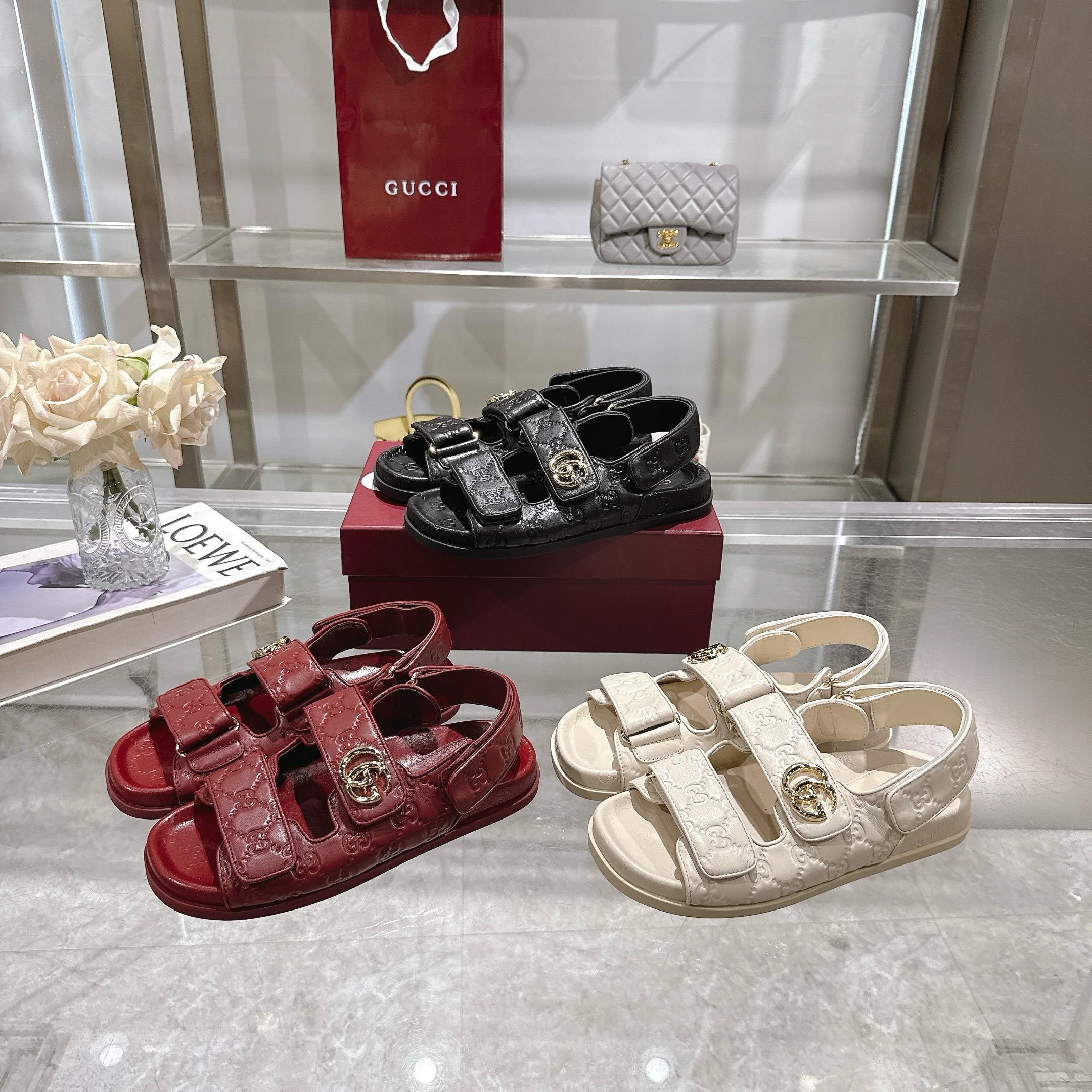 Gucci New Marmont Embossed Leather Sandals - Angora Red 10 a1743085236244 4717