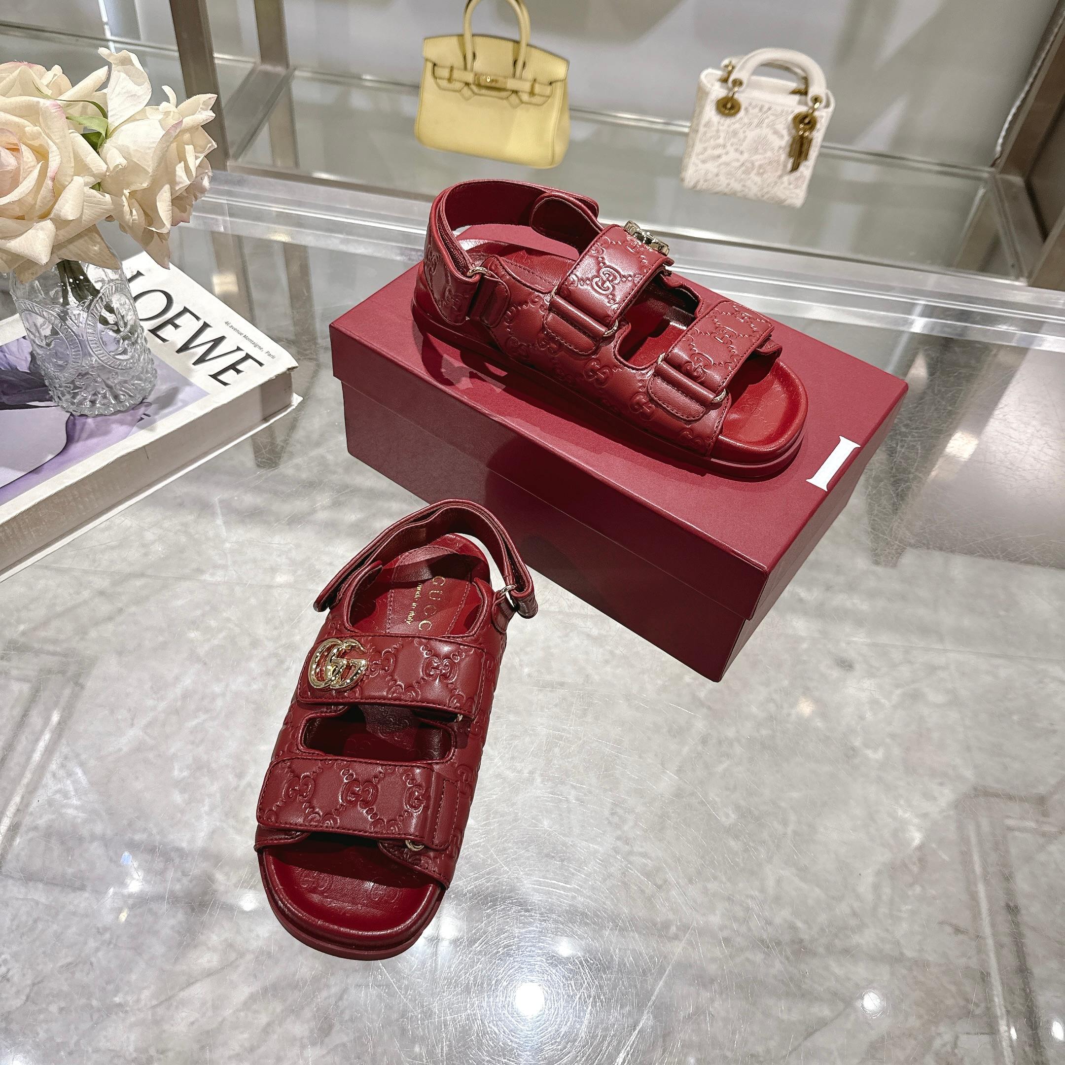 Gucci New Marmont Embossed Leather Sandals - Angora Red 6 a1743085305359 1137