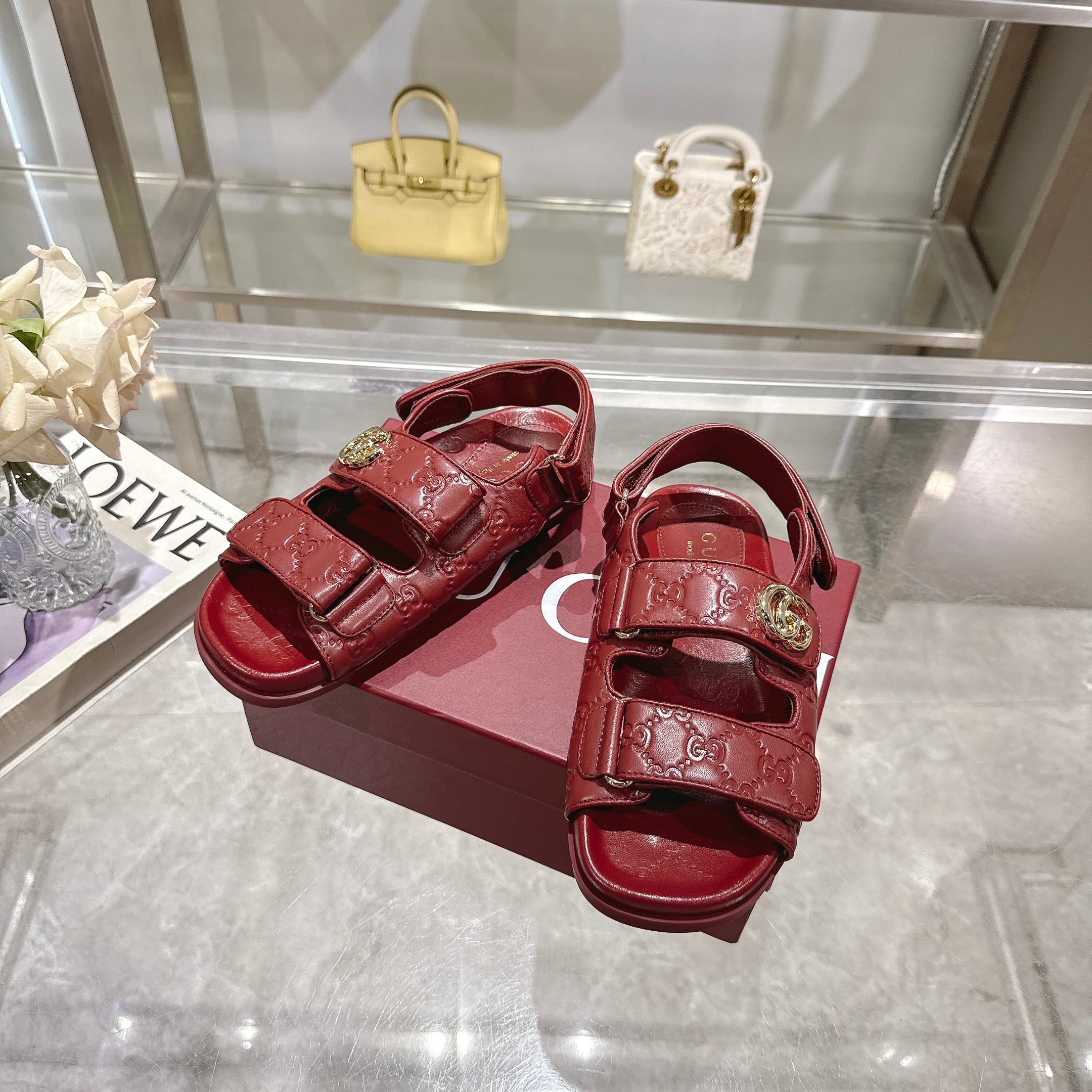 Gucci New Marmont Embossed Leather Sandals - Angora Red 5 a1743085305378 5280