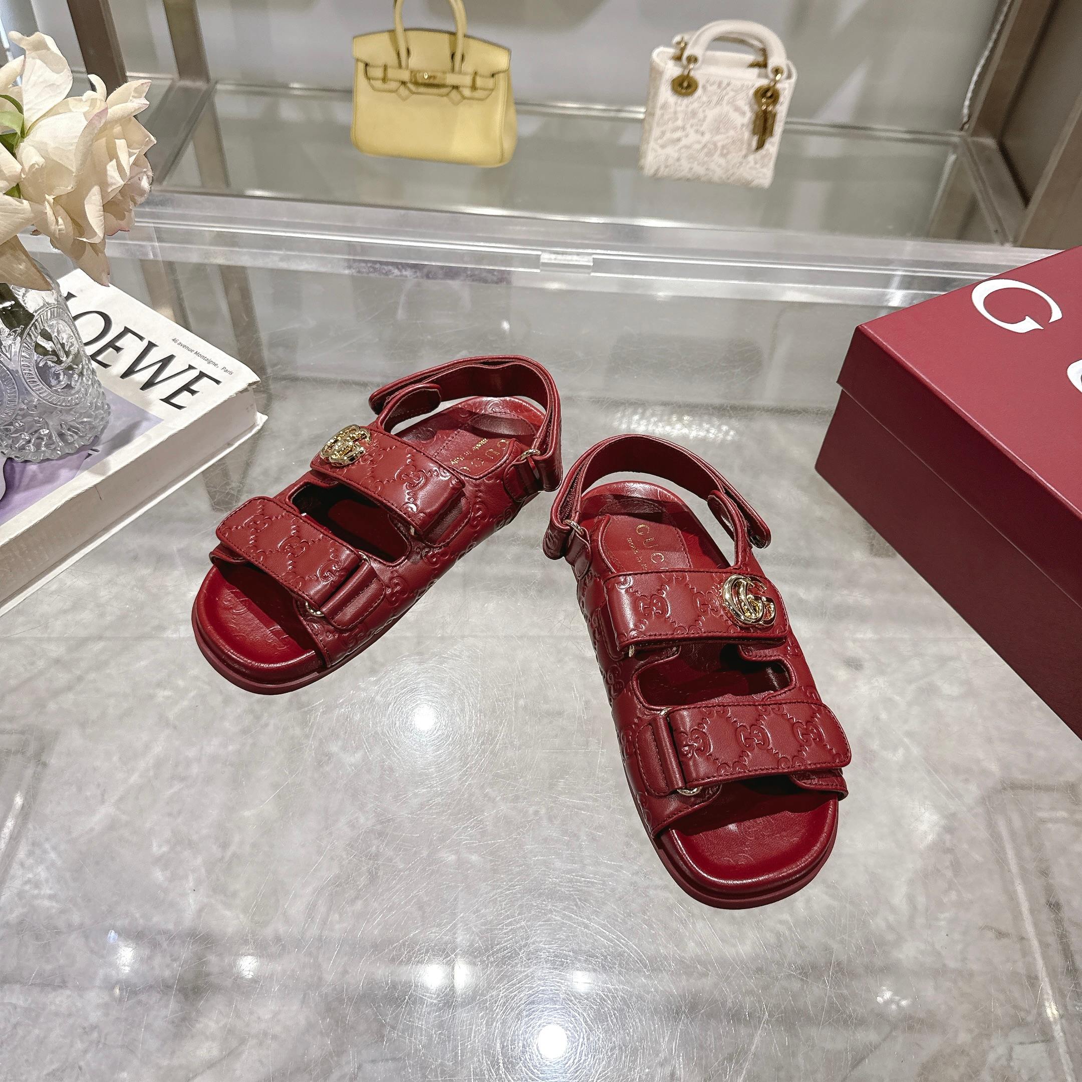 Gucci New Marmont Embossed Leather Sandals - Angora Red 2 a1743085305620 3741