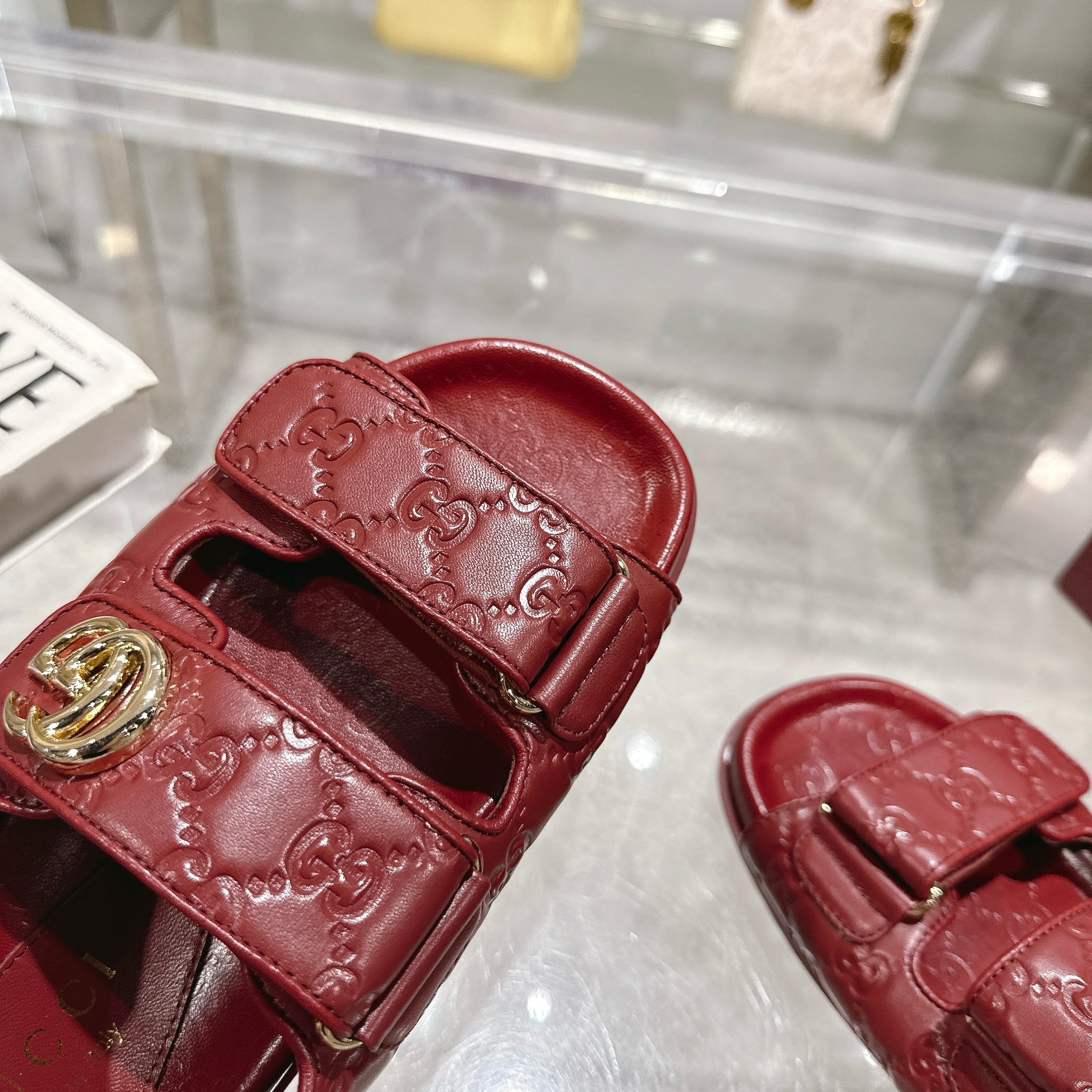 Gucci New Marmont Embossed Leather Sandals - Angora Red 8 a1743085306991 0575