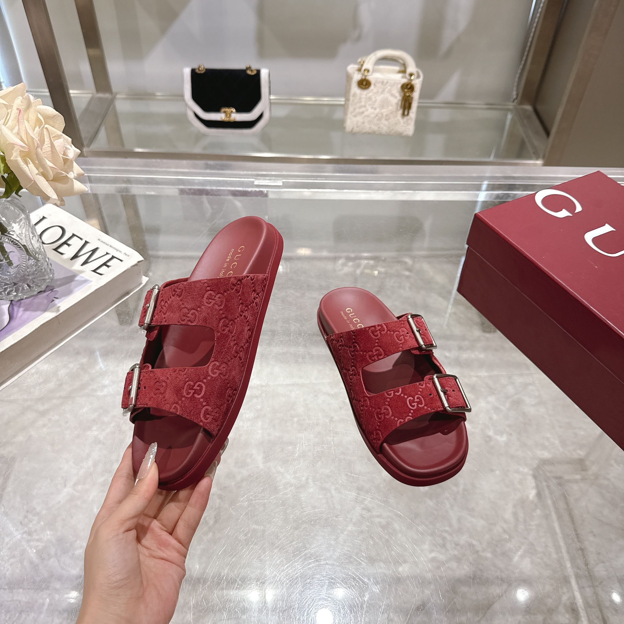 Gucci Red Angora Leather Sandals with Double G Hardware and Flat Heel 5 a1744898027412 5820