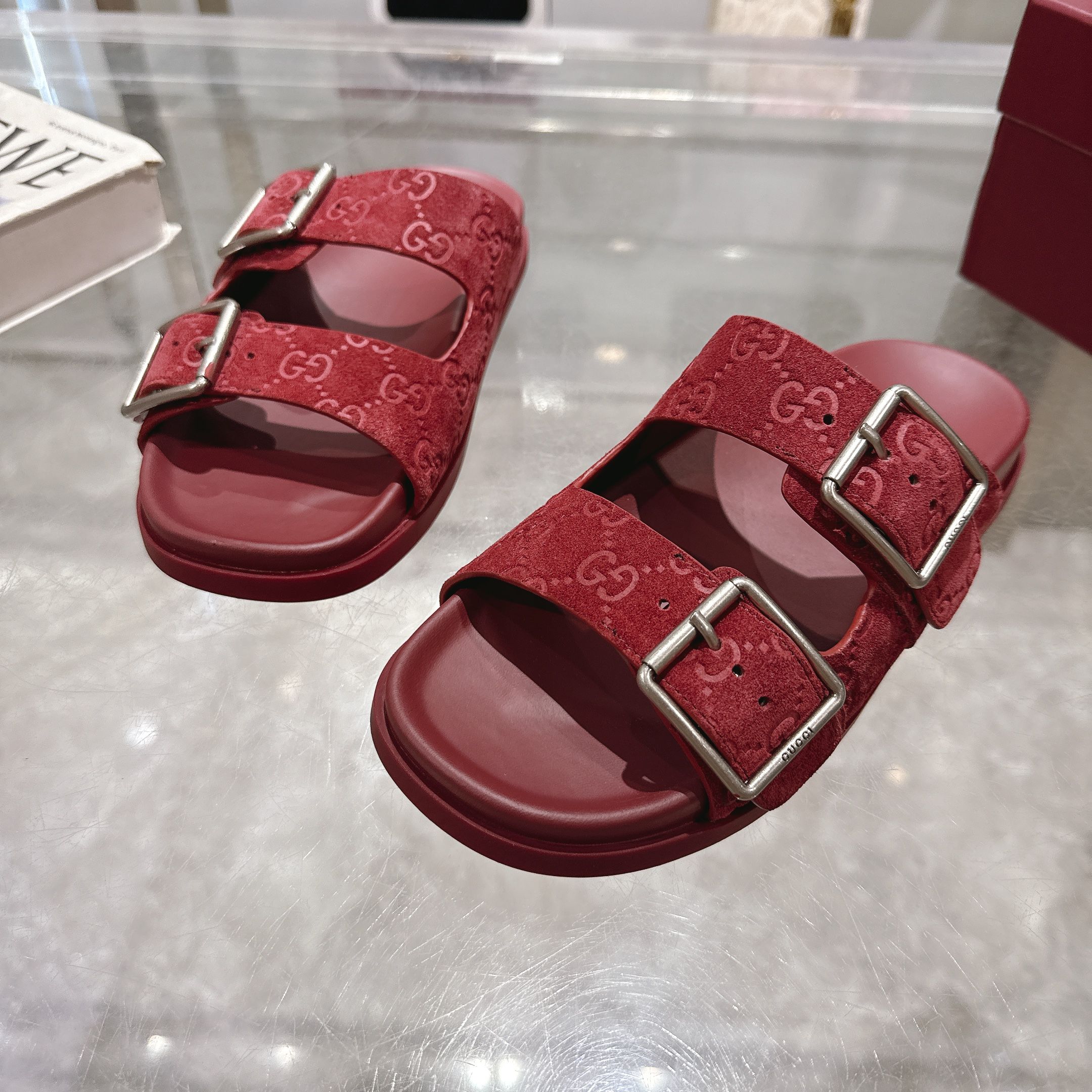 Gucci Red Angora Leather Sandals with Double G Hardware and Flat Heel 8 a1744898029069 8507