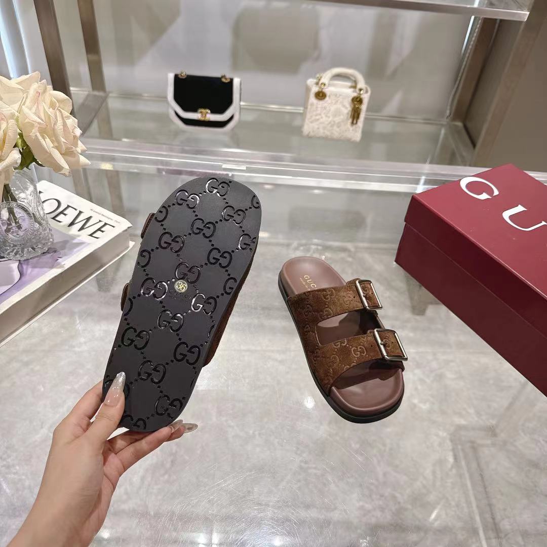 Gucci Brown Leather Double G Buckle Slide Sandals - Classic & Stylish 9 a1744898142527 0041