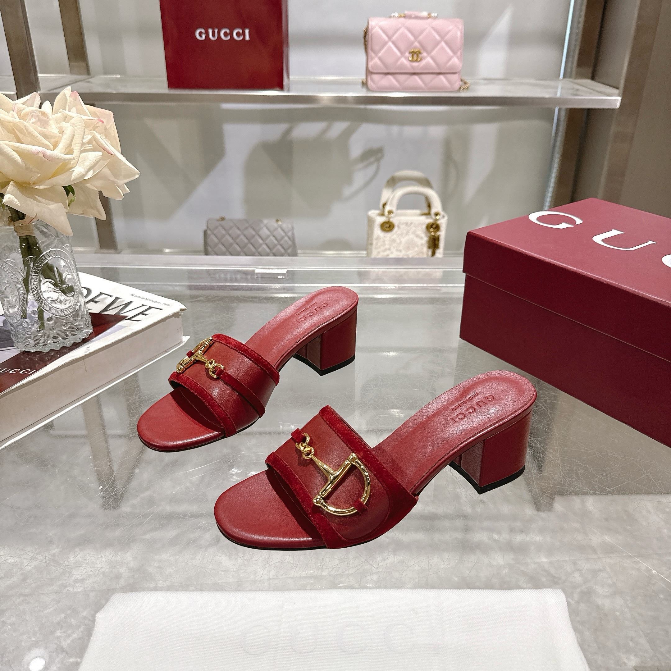Gucci Red Suede Mid-Heel Sandals with Horsebit Detail 1 Gucci Red Suede Mid-Heel Sandals with Horsebit Detail