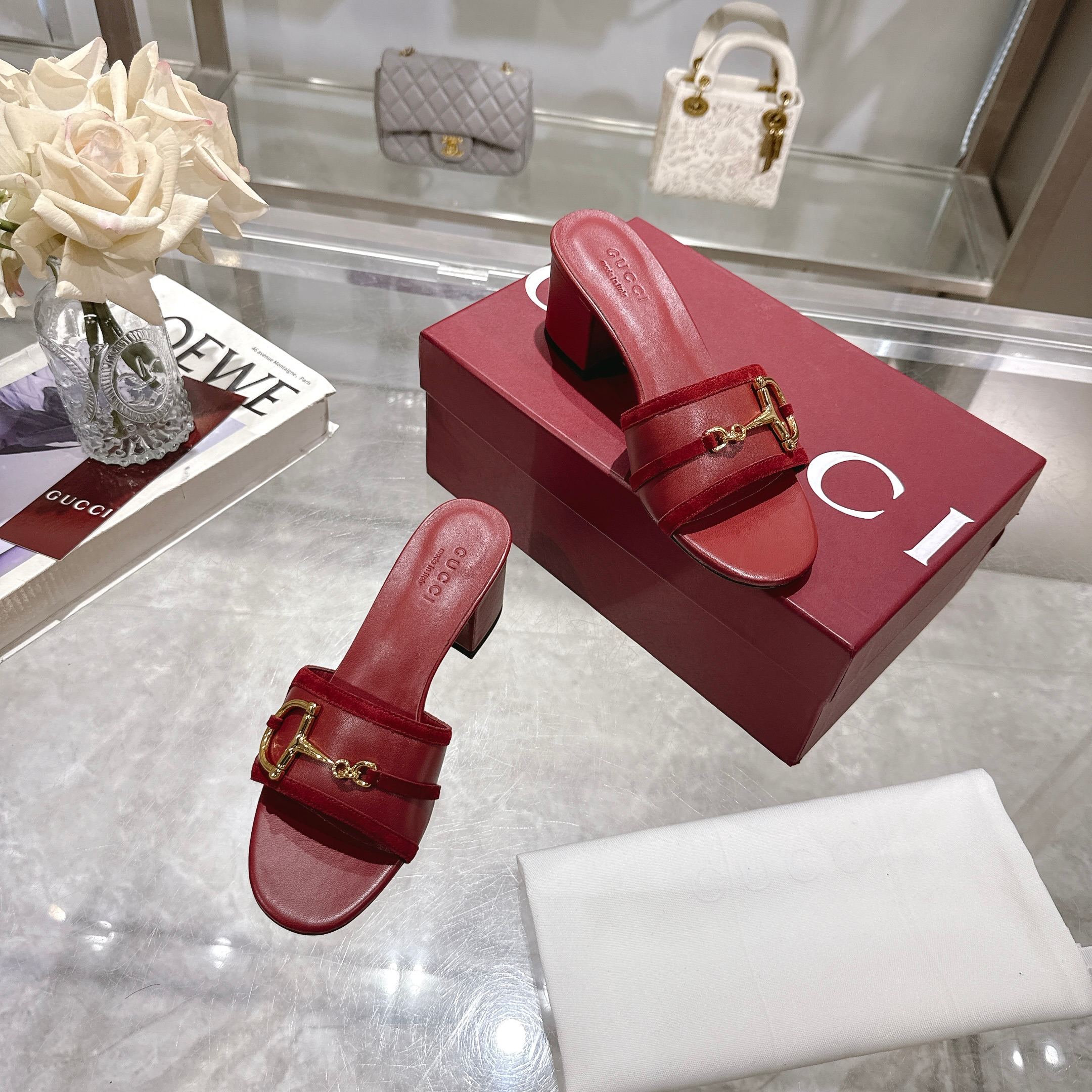 Gucci Red Suede Mid-Heel Sandals with Horsebit Detail 6 a1745769479514 8581