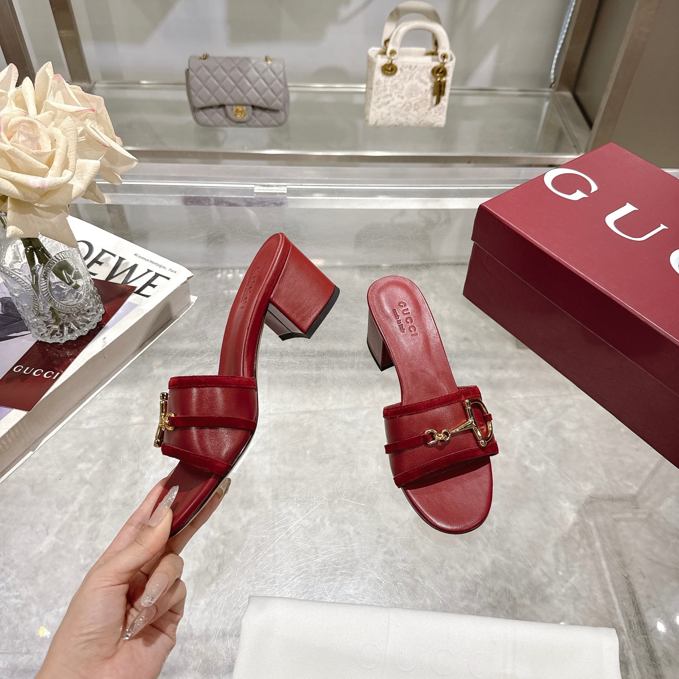 Gucci Red Suede Mid-Heel Sandals with Horsebit Detail 4 a1745769479745 4358