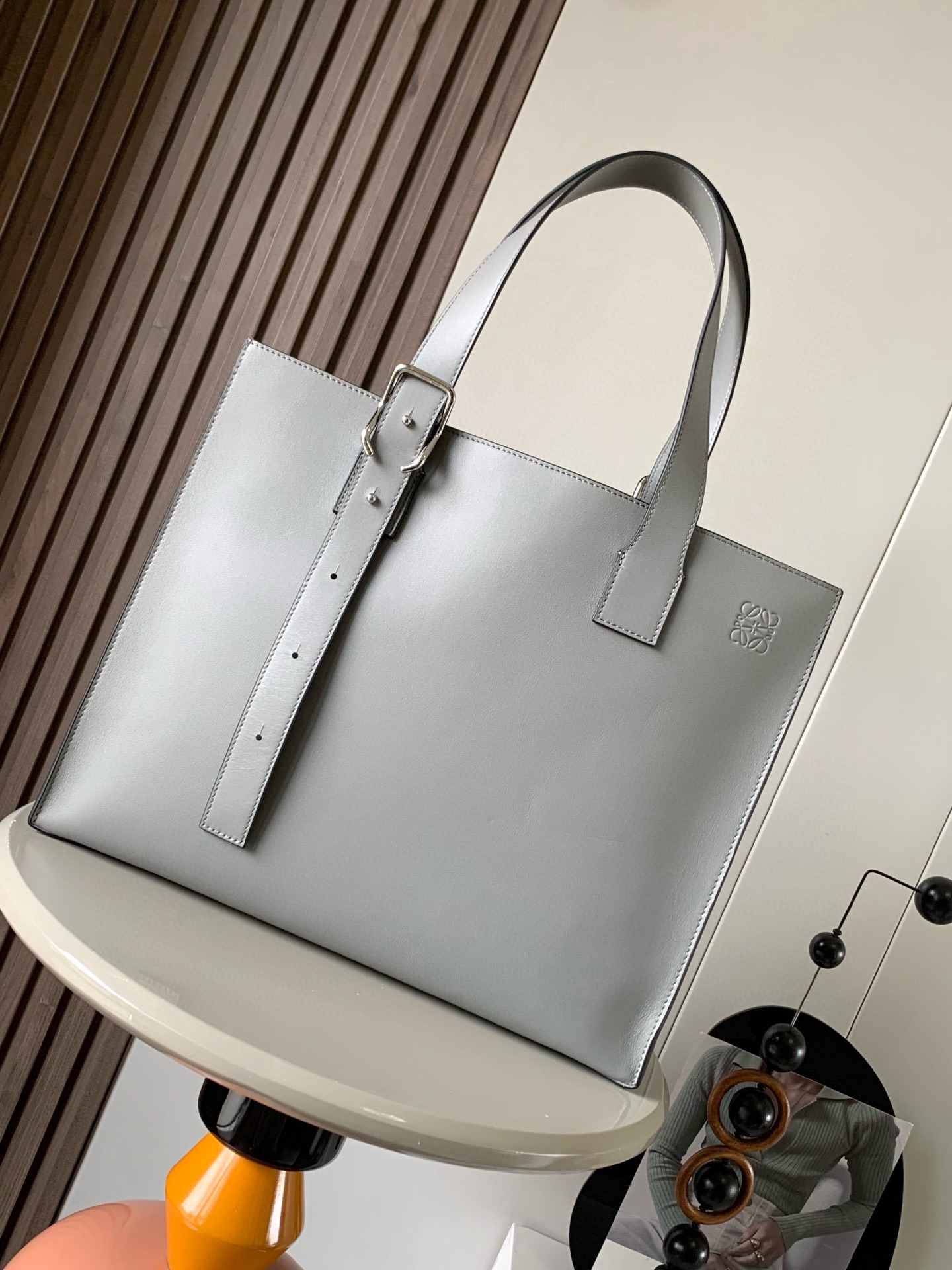Loewe Buckle Horizontal Tote Bag in Leather, Elegant Design, Gray Color