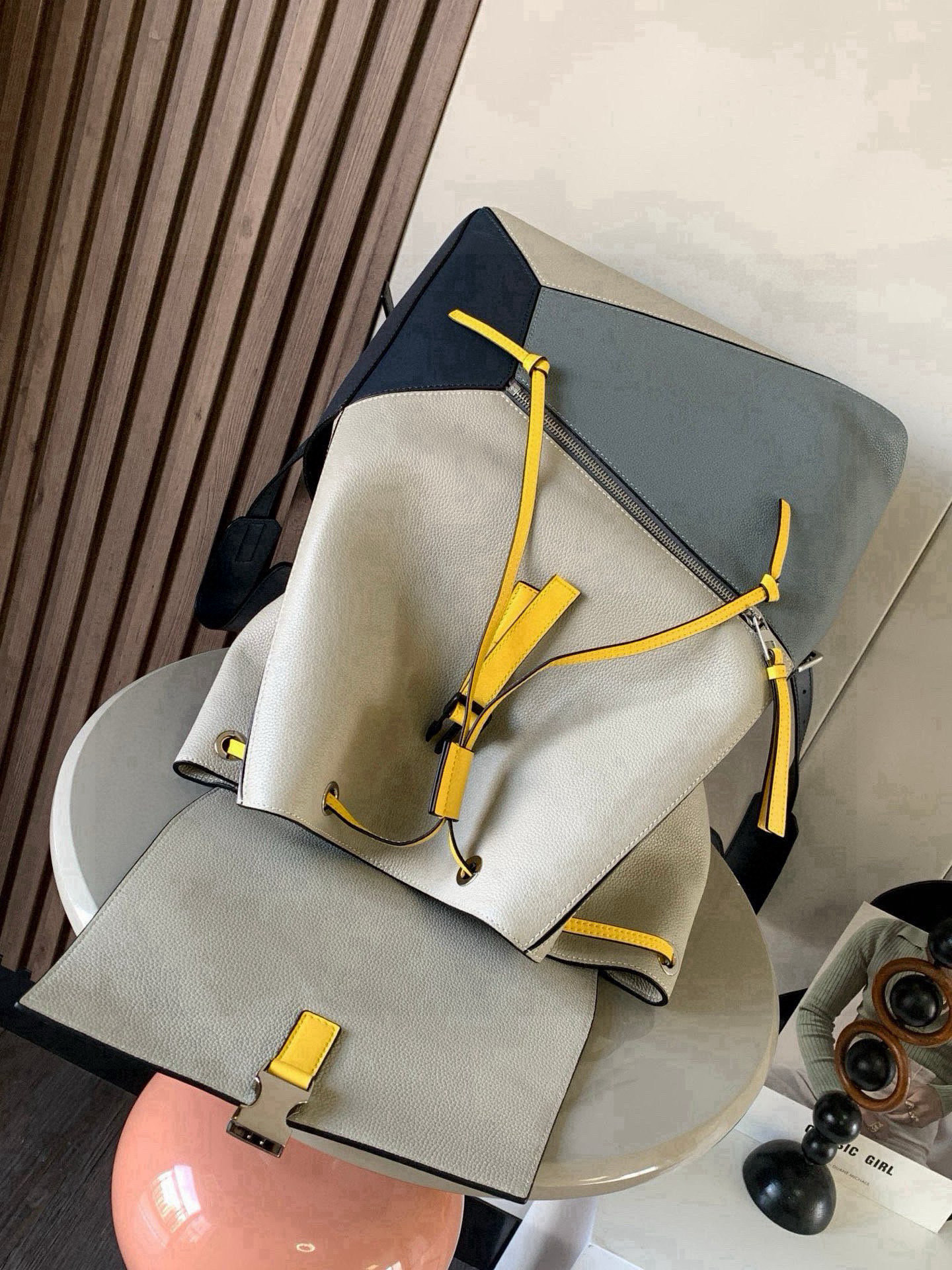 Loewe Classic Backpack Blue Gray Beige Black with Yellow straps Standard everyday