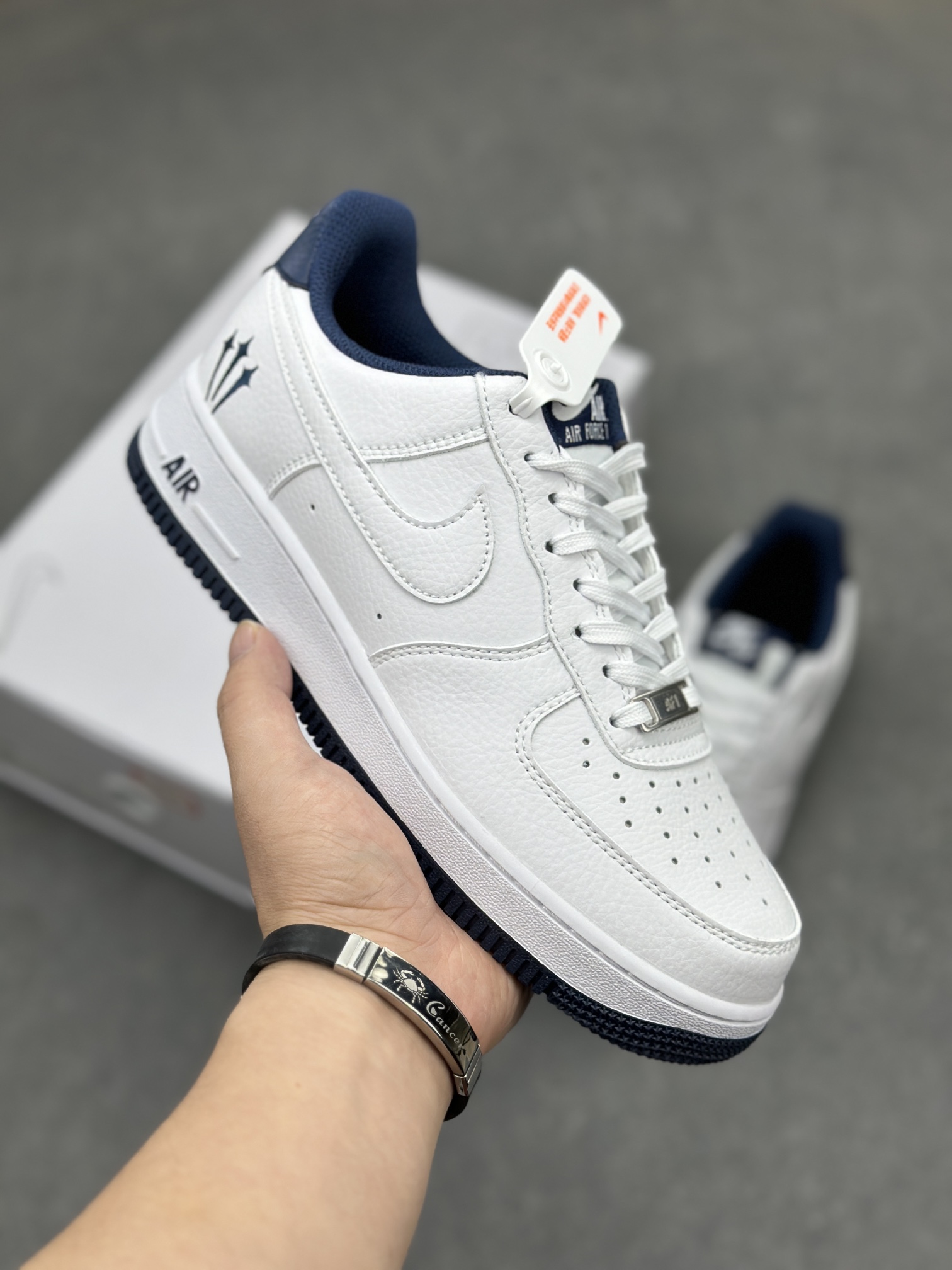Nike Air Force 1 '07 Low White/Navy Custom Leather Basketball Shoes