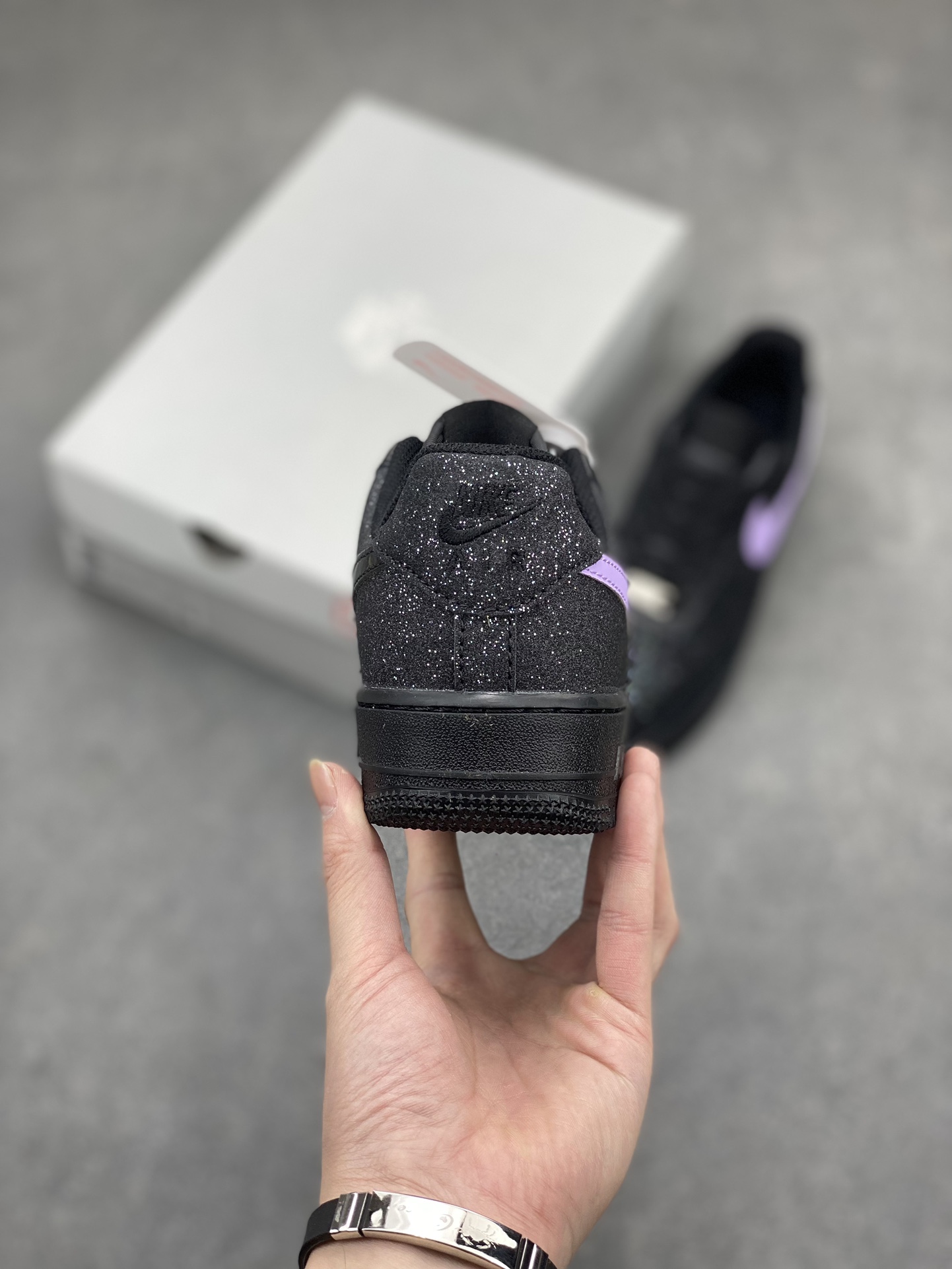 Nike Air Force 1 Low Black Glitter Sneaker with Purple Swoosh - CW2288-005 5 i1712349239 2192 5