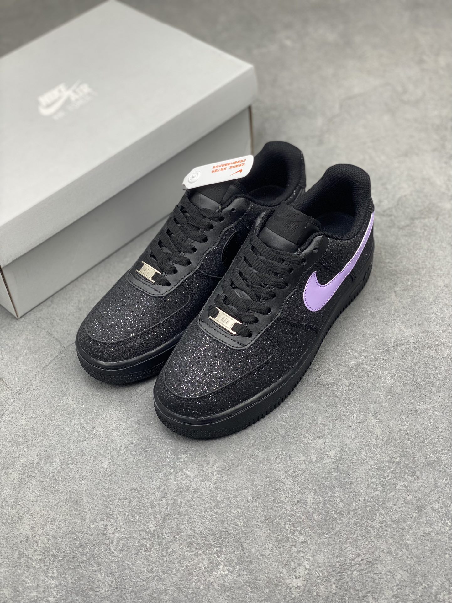 Nike Air Force 1 Low Black Glitter Sneaker with Purple Swoosh - CW2288-005 9 i1712349239 2468 2