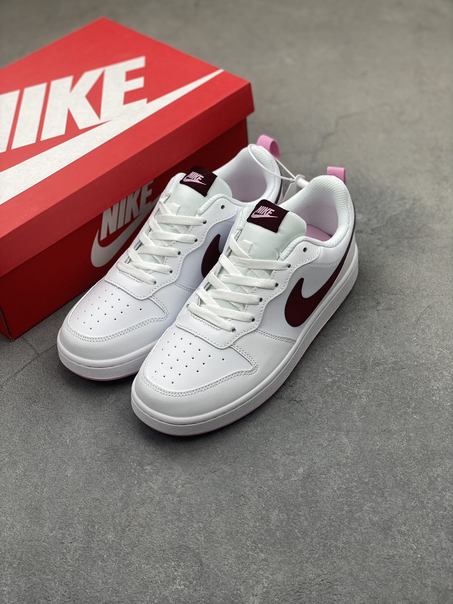 Nike Court Borough Low White/Burgundy Leather Sneaker,BQ5448-120 Size 36-45 9 i1725136892 4958 7