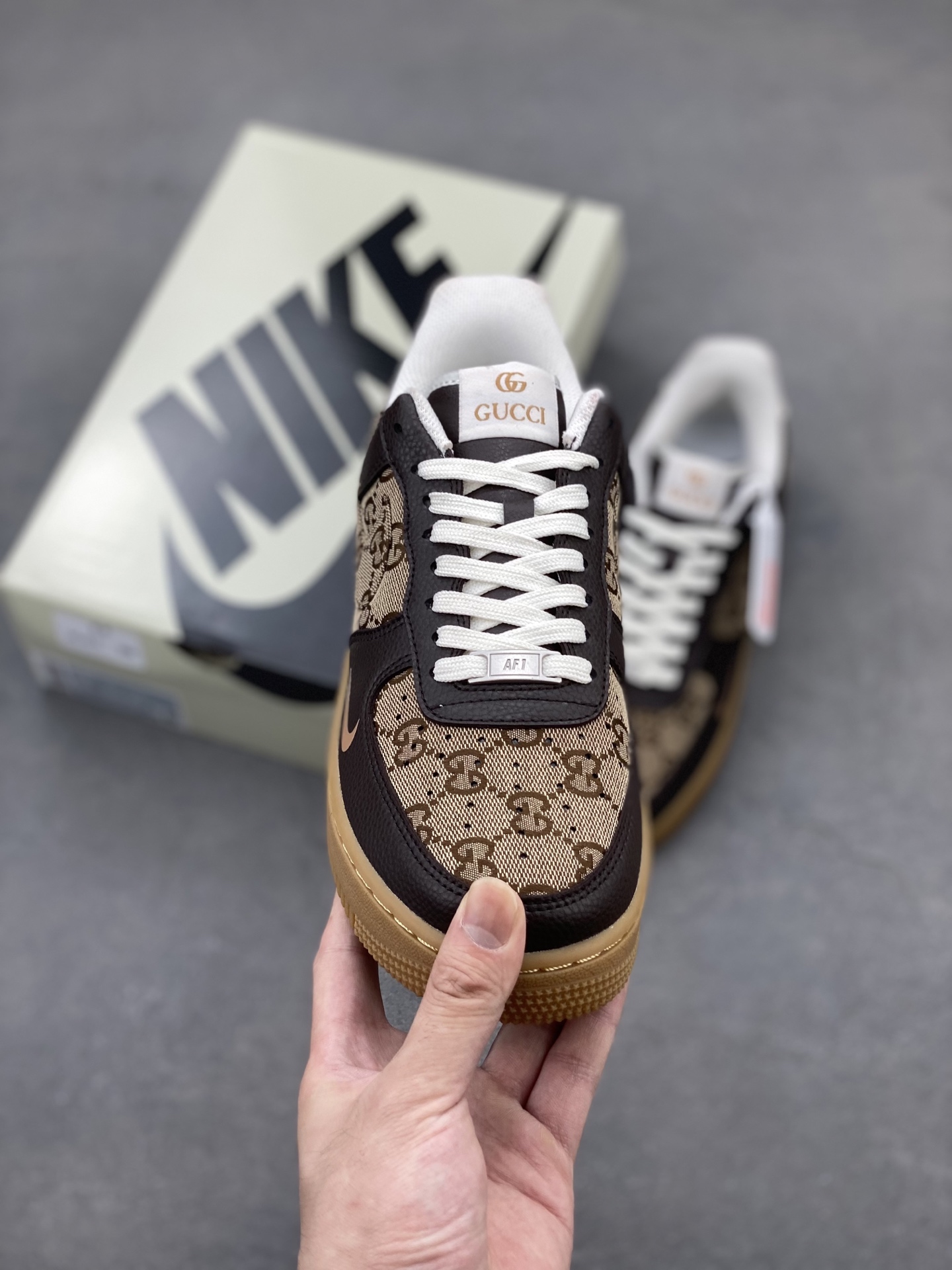 Nike Air Force 1 '07 Low Brown Sneakers with Gucci Pattern Accents 3 i1749846156217 4382 0 1