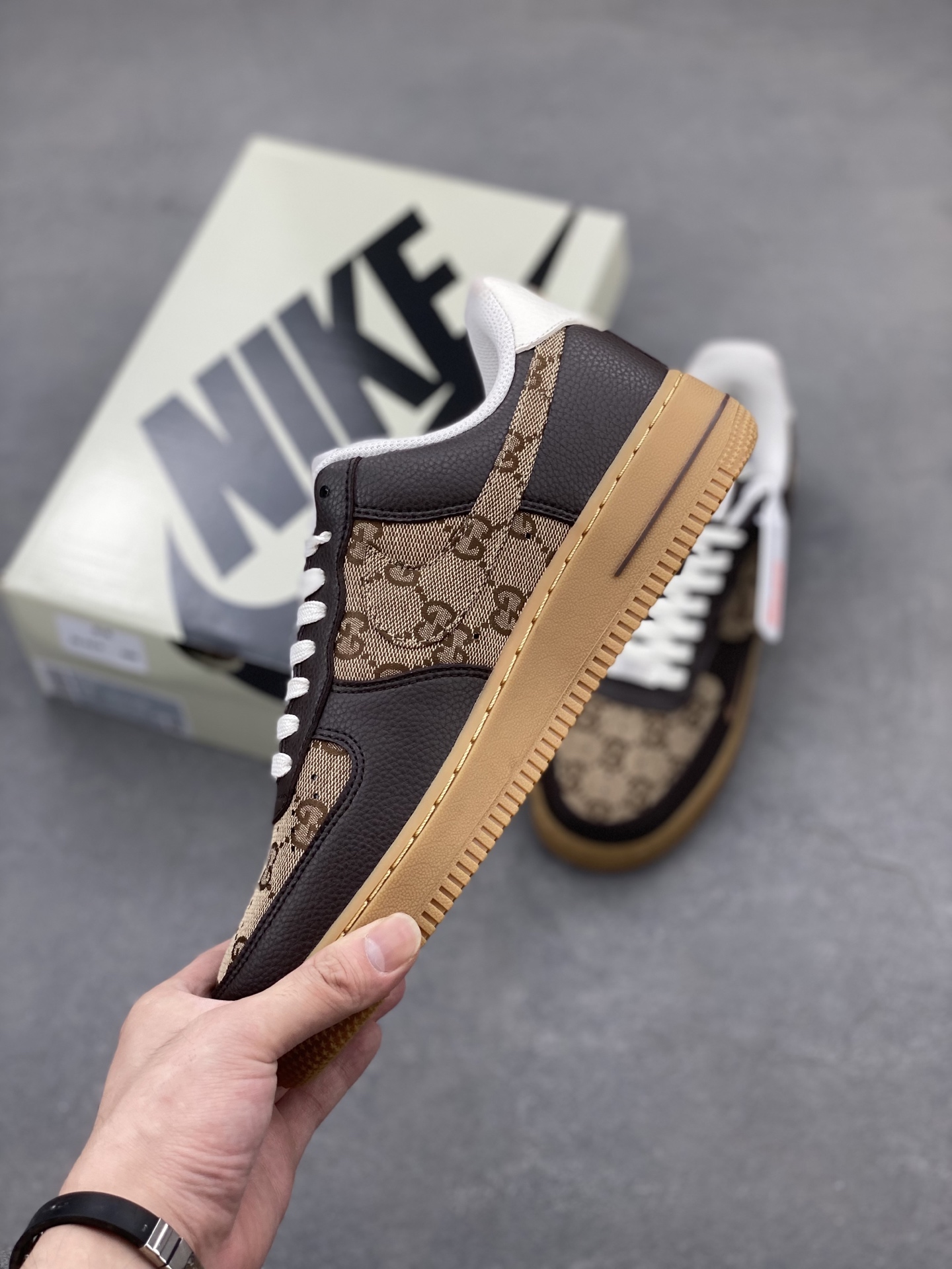 Nike Air Force 1 '07 Low Brown Sneakers with Gucci Pattern Accents 4 i1749846161628 1476 0 2