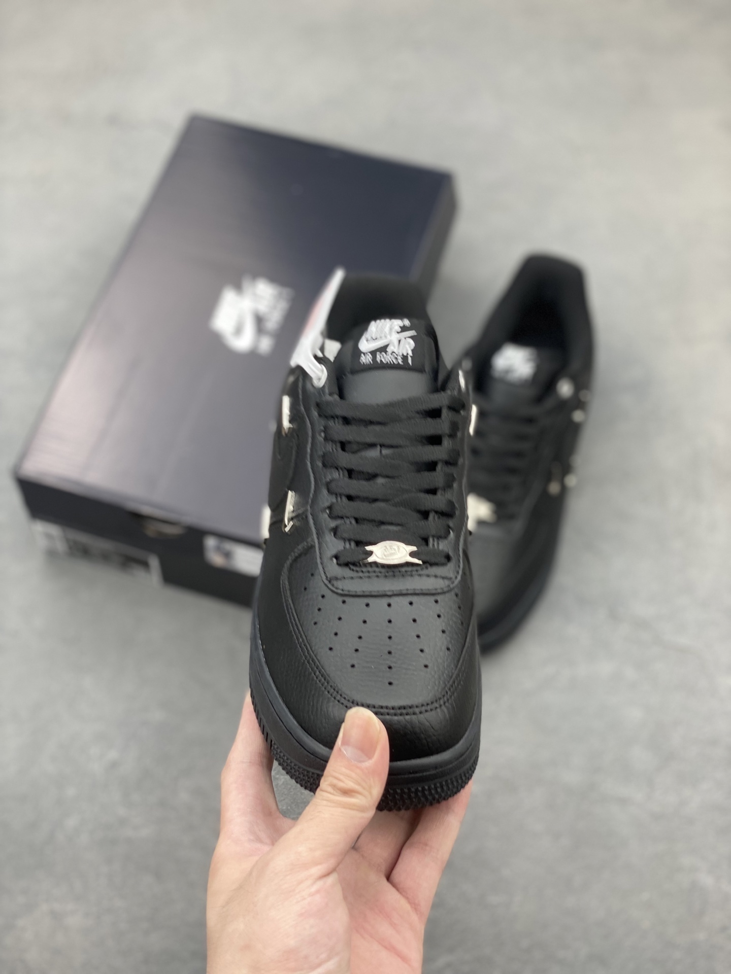 Nike Air Force 1 Black Leather Sneakers with Unique Hook Detailing 3 i1750104239629 5495 0 1