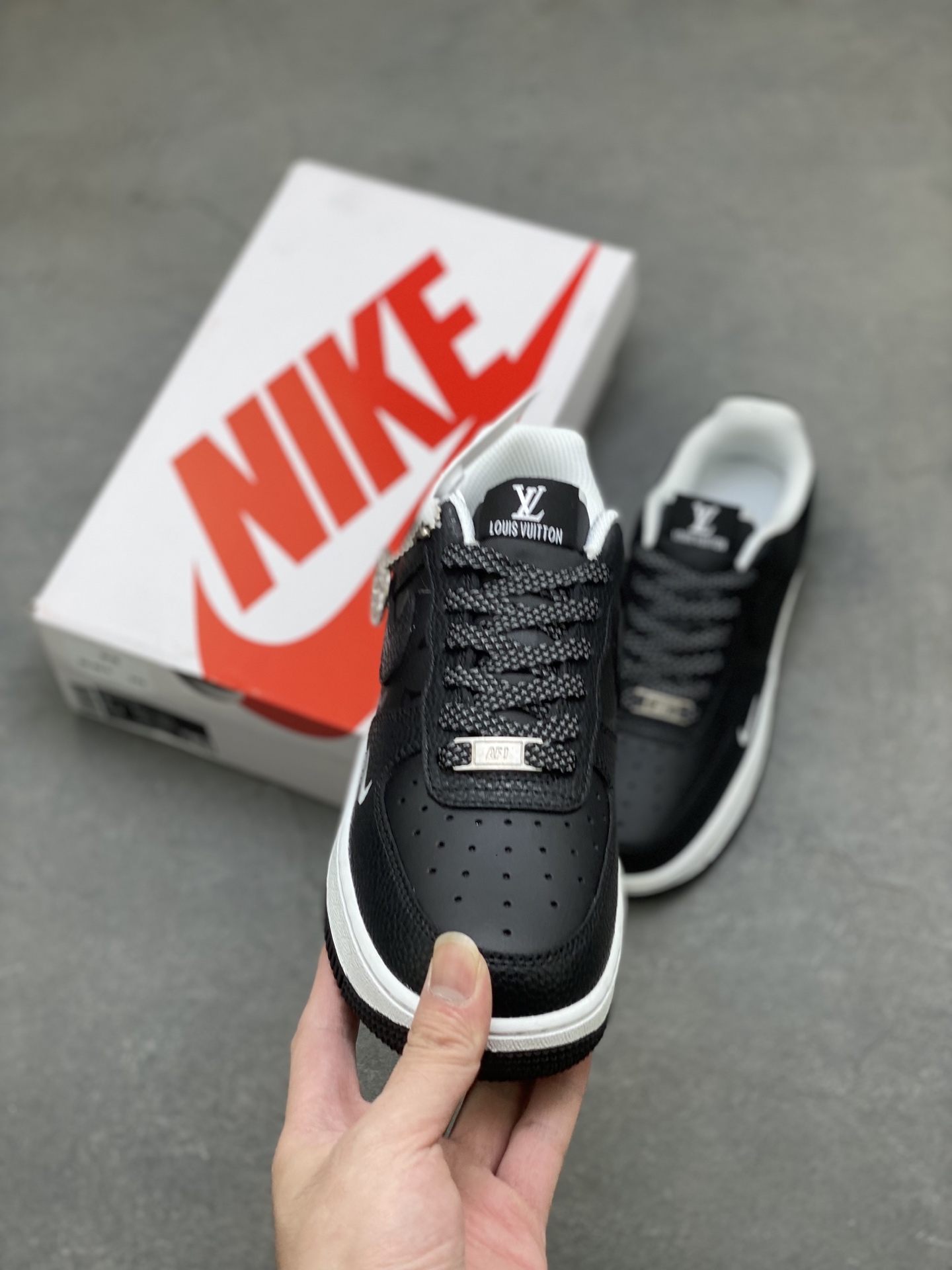 Nike Air Force 1 '07 Low Black Custom Sneakers with Louis Vuitton Detailing 3 i1755798343639 5939 0 1
