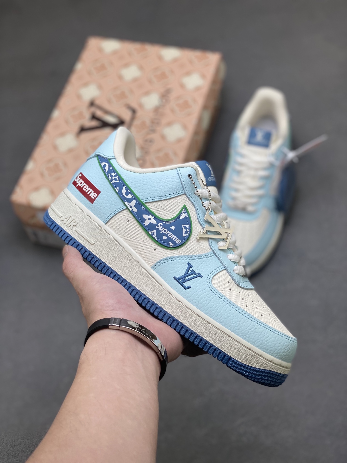 Nike Air Force 1 Low Blue/White Custom Sneakers with Louis Vuitton Pattern 2 i1757953479424 4878 0 0