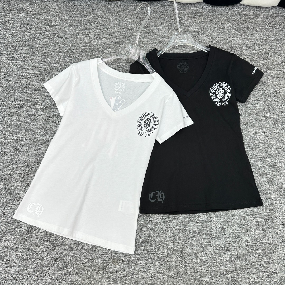 NO:442293,CH Croxin SS New Small V-neck Printed Short-Sleeve T-shirt Two-color SML, Chrome Hearts, T-shirt, Tees, t-shirt, alexander wang19860909CH克罗心 ss新款 小V领印花短袖T恤 两色SML,,chrome hearts,T-shirt,tees，t-shirt,alexander wang,Women's clothing