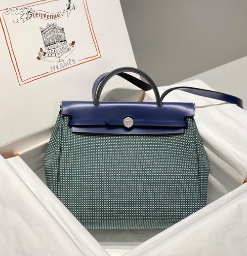 Hermès Herbag Zip 31cm Versatile Handbag with Green Plaid and Shoulder Strap