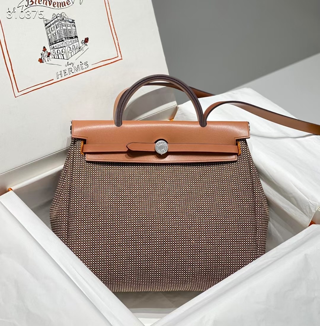Hermès Herbag Zip 31 Bruine Ruit Handtas met Schouderband