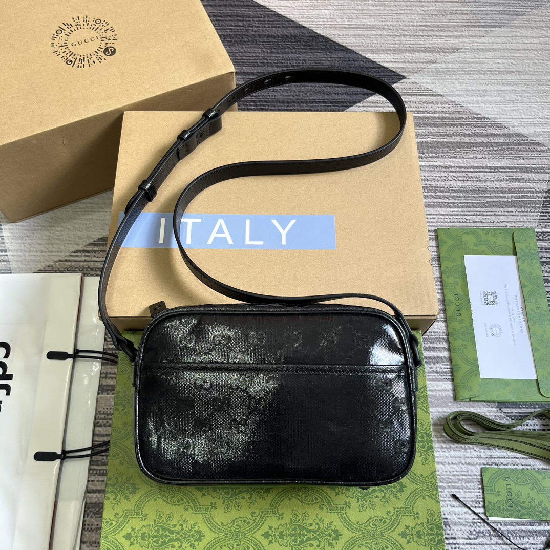 GUCCI GG水晶帆布 迷你肩背包 黑色皮革滾邊