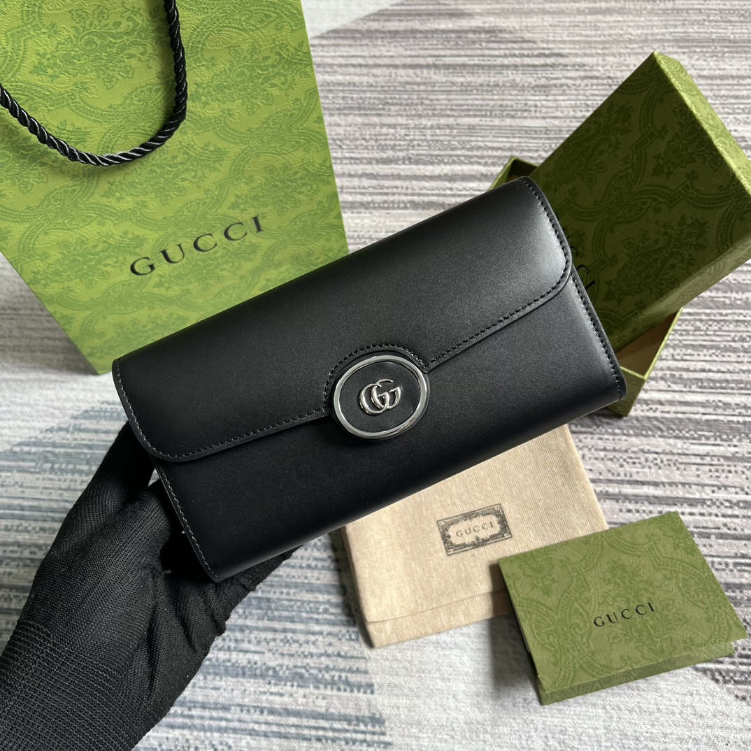 Black Leather Long Wallet Double G Logo Snap Closure