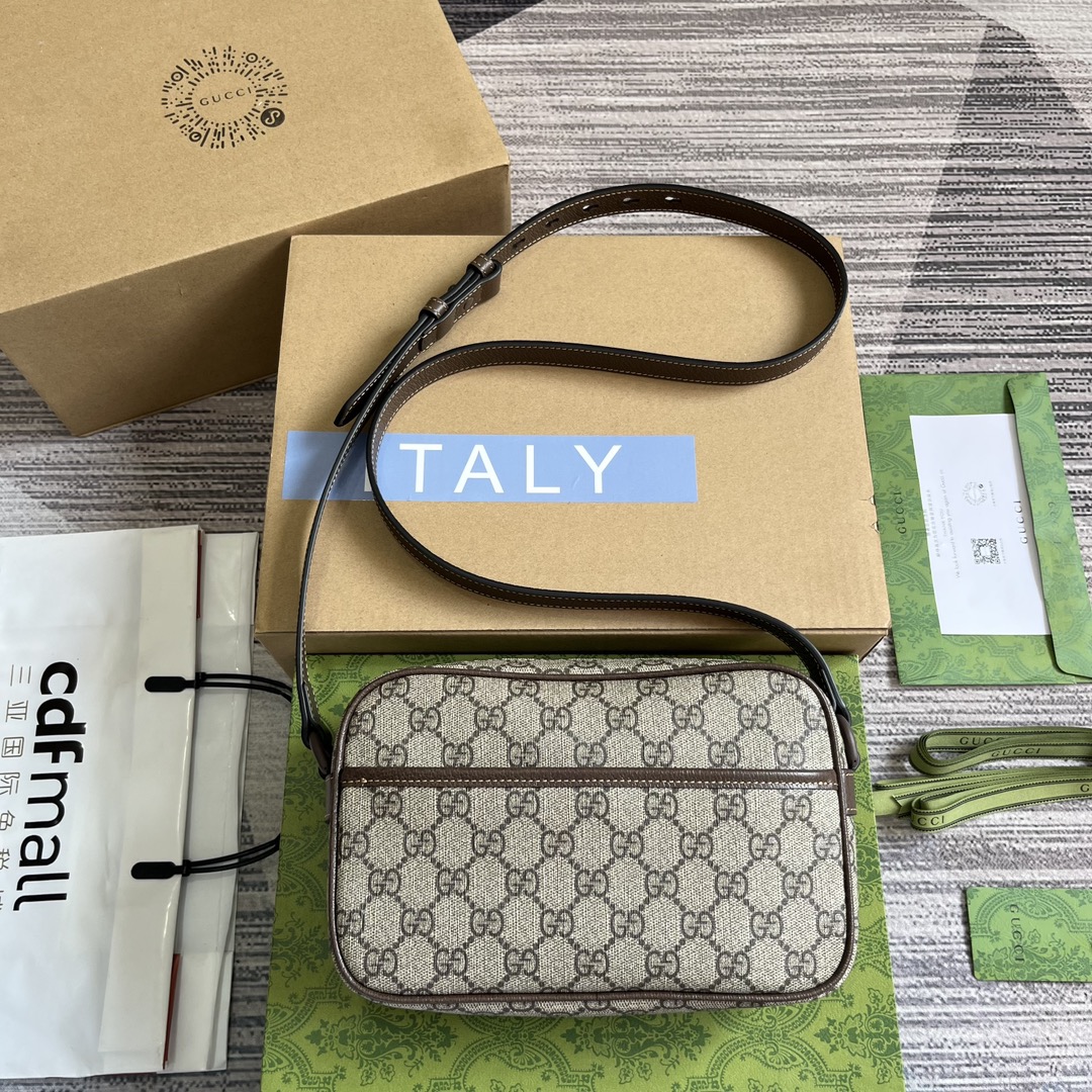 GUCCI GG帆布 迷你肩背包 棕色皮革滾邊 拉鍊