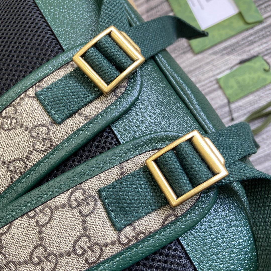 配专柜绿色礼品袋️OPhidia系列中号GG背包米色和乌木色GGSuPreme帆布绿色皮革滚边金色调配件