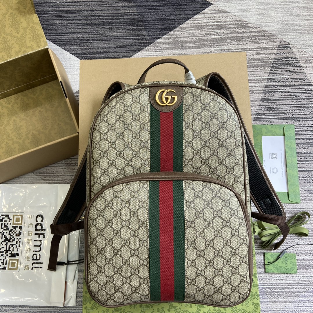 GUCCI GGSupreme Canvas Backpack with Red and Green Web and Brown Leather Trim