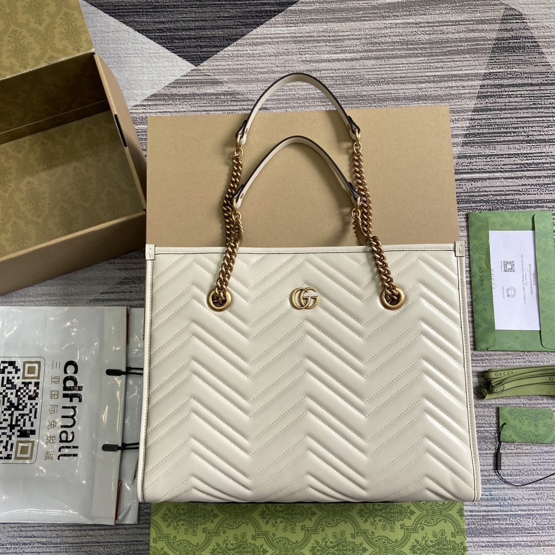 GUCCI GG Marmont вялікая сумка-тоўт белая сцёганая скура з двайной літарай G