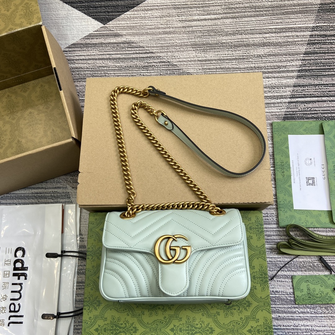 GUCCI GG Marmont серыя, міні-сумка на плячы з ланцужком, сцёганая скура з хвалістым узорам, фурнітура з падвойнай літарай G, слізгальны ланцужок, нашэнне на плячы і ў руцэ, светла-зялёны — найвышэйшая якасць