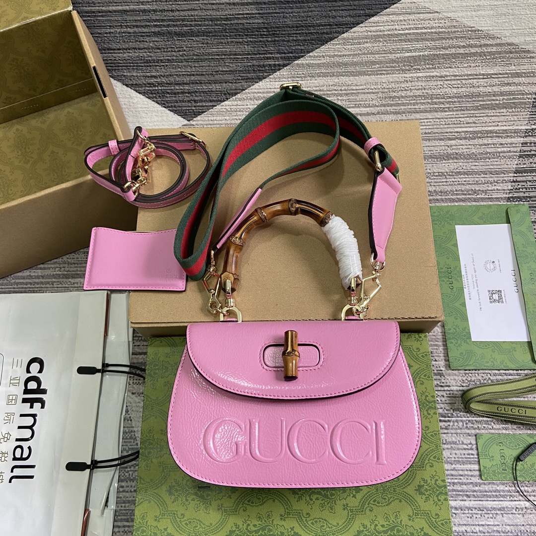 GUCCI Bamboo 1947系列 手袋 竹节提手 锁扣 皮革镜套 粉漆皮-顶级品质