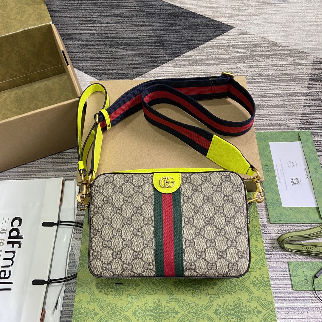GUCCI Ophidia 斜背包 GG圖案 條紋織帶 PVC