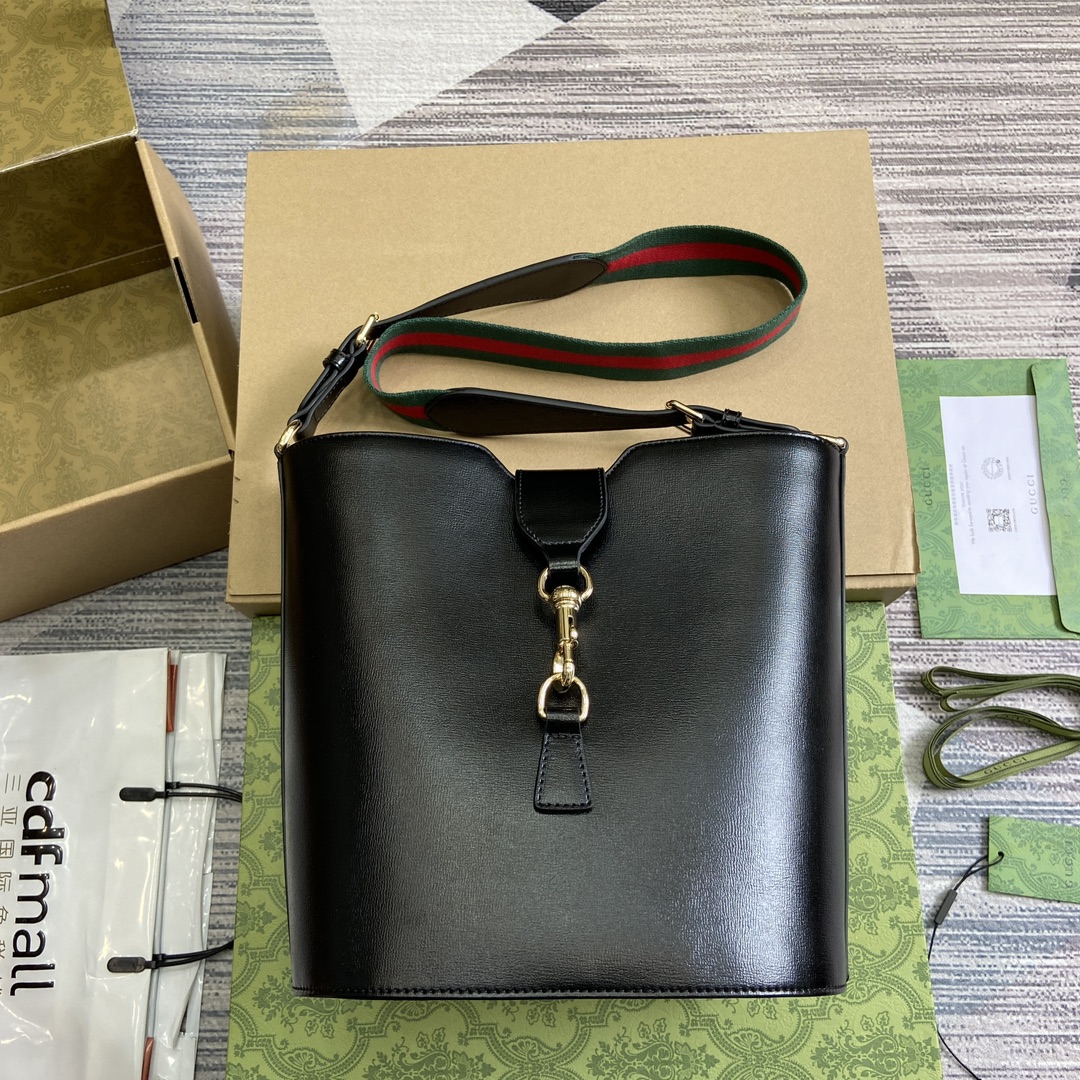 Black Leather Bucket Shoulder Bag Hook Closure Woven Strap Shoulder Bag