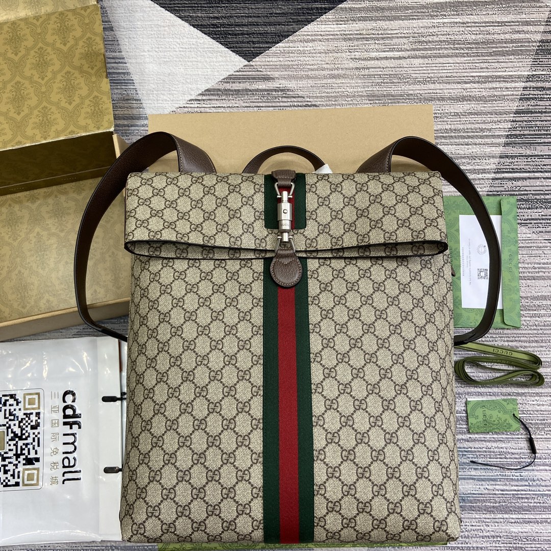 Рюкзак GUCCI Jackie 1961 GG бежево-эбеновый с коричневой кожаной окантовкой, застежкой-молнией и верхней ручкой