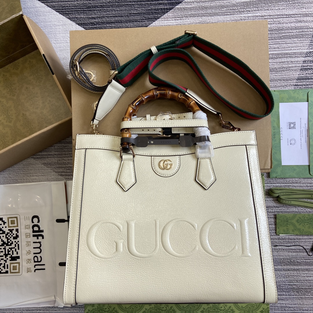 GUCCI 竹节 手提包 白色漆皮 大号