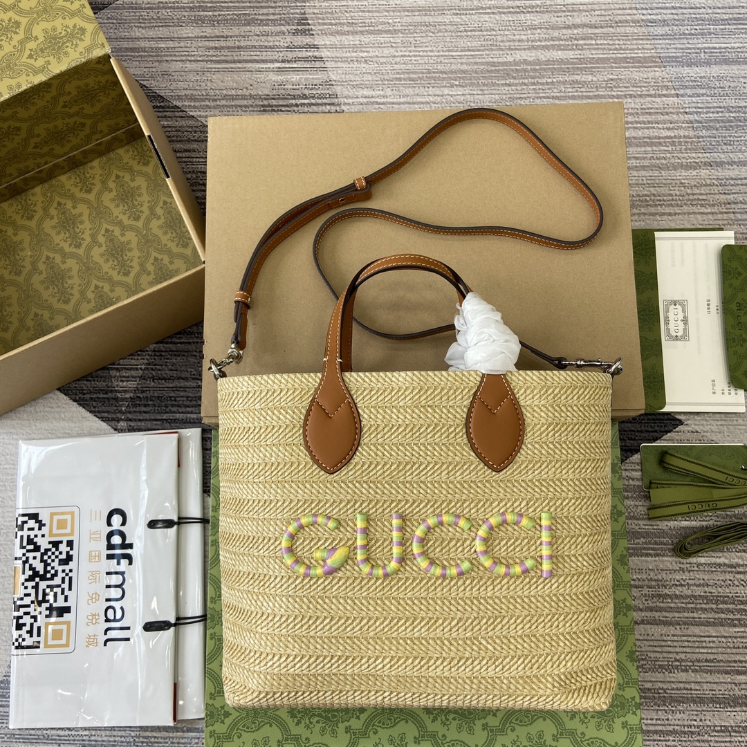 GUCCI Lido 草编托特包 草编GG贴饰 棕色