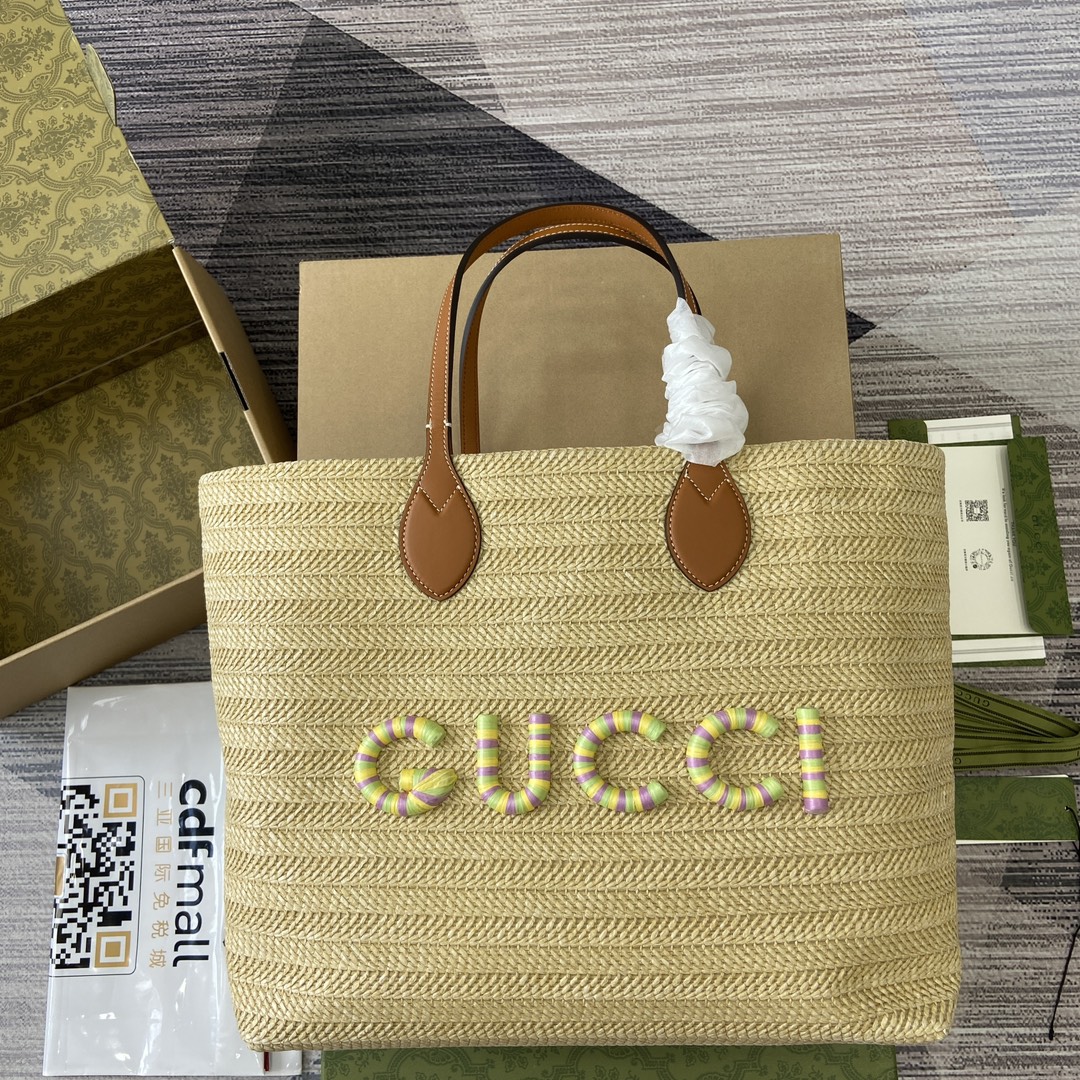 GUCCI Lido系列 草编GG贴饰 托特包