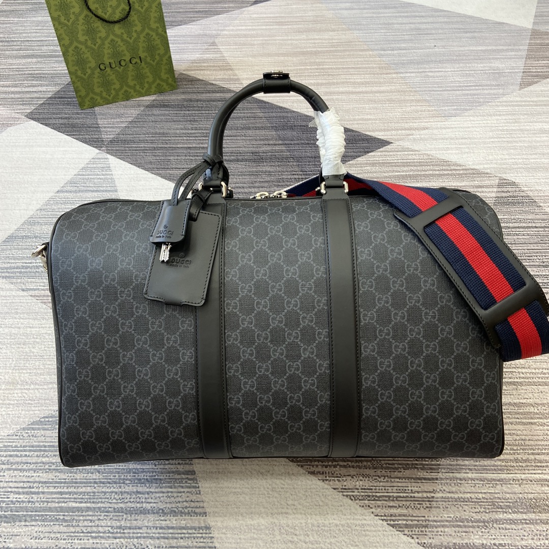 GUCCI GG Travel Bag Canvas Leather Trim Web Strap
