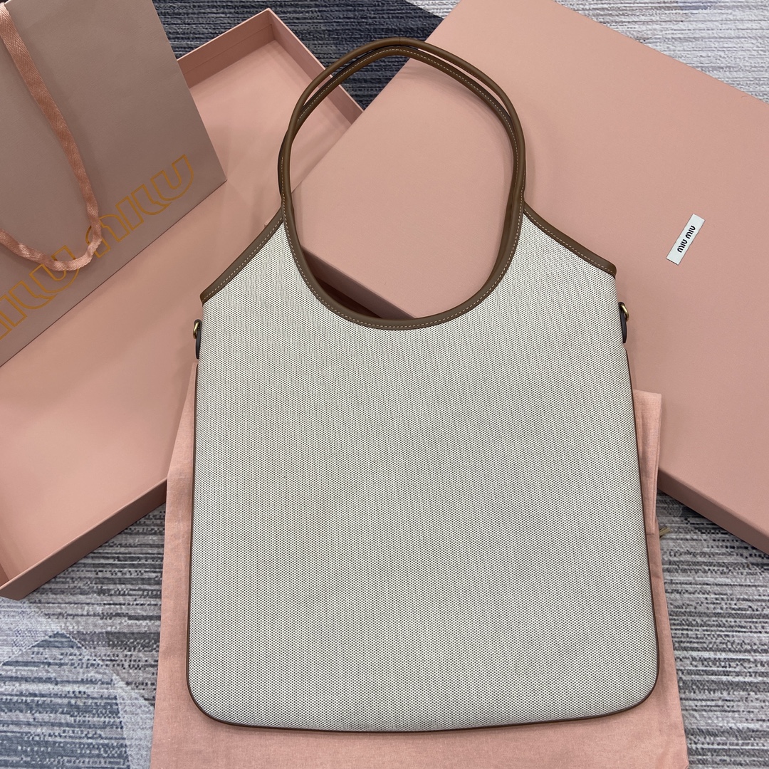Miu Miu IVY Denim Tote Bag, Women's Shoulder Bag, White and Brown, 5BG231 2 i1735190551 3402 0