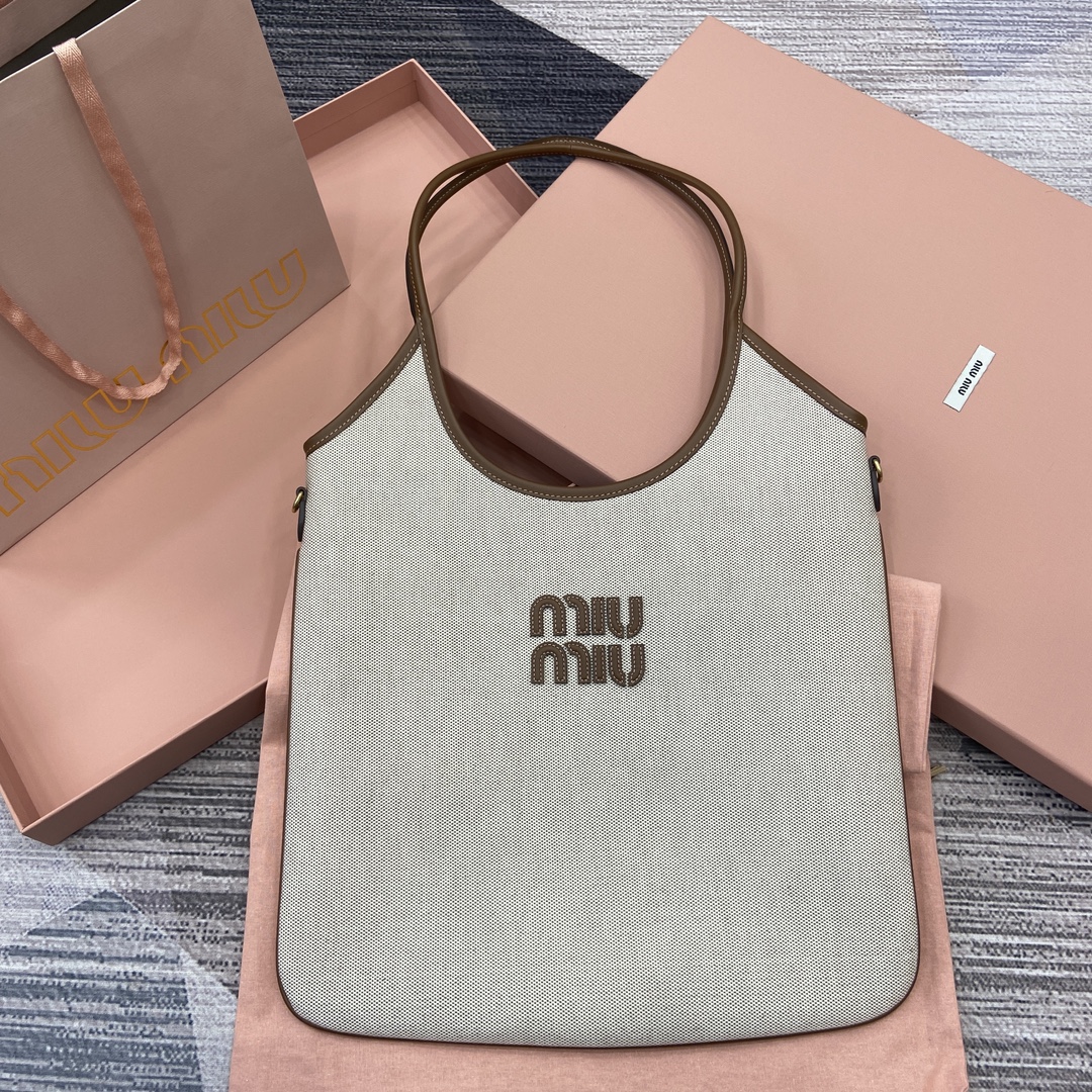 Miu Miu IVY Denim Tote Bag, Women's Shoulder Bag, White and Brown, 5BG231 1 i1735190551 5330 0