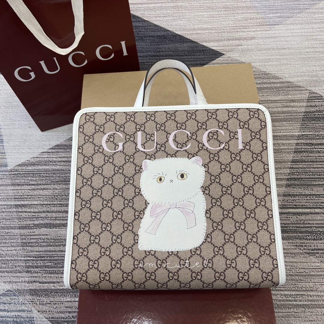 GUCCI Kids Tote Bag GG Supreme Canvas Cat Print