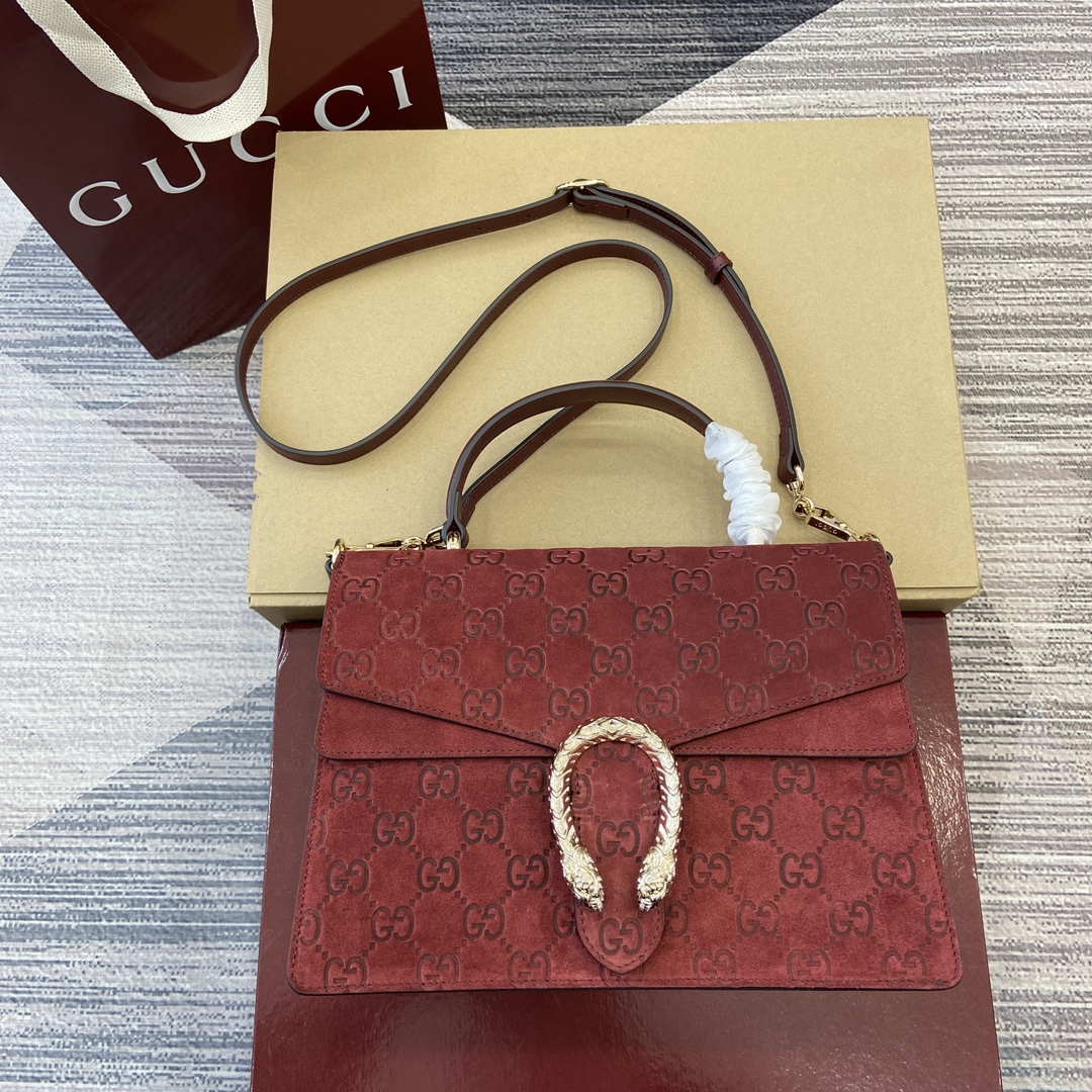 Gucci Dionysus Small Top Handle Bag Red GG Suede Tiger Head Lock Flap Detachable Strap