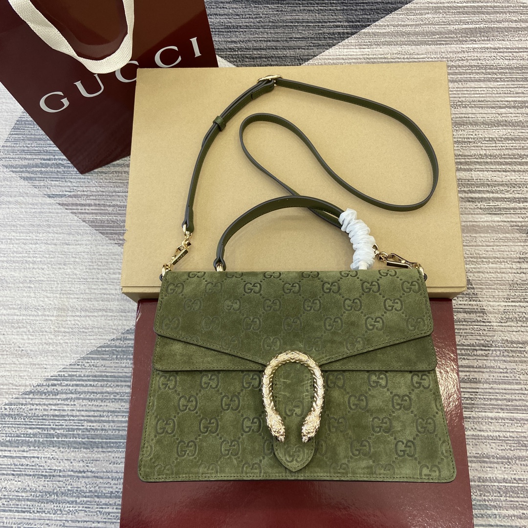 Gucci Dionysus Green GG Suede Tiger Head Clasp Flap Handbag