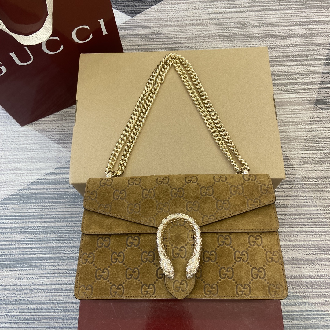 GUCCI Dionysus Brown GG Suede Tiger Head Clasp Flap Chain Shoulder Bag